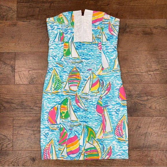 Lilly Pulitzer Franco Dress in You Gotta Regatta Ruffle Back Tie Strapless Dress - Picture 3 of 15
